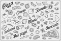 Pizza slice and ingredients. Pizzeria background and design elements. Hand drawn doodles illustration. Royalty Free Stock Photo