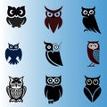 Owls icons black dark red with blue background abstract ve portrait Vector illustration