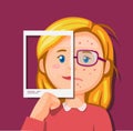 Girl beauty and ugly comparison in photo or social media. pimple acne problem and cosmetic product illustration vector