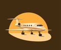 Private jet airplane on sunset concept in cartoon illustration vector Royalty Free Stock Photo