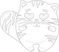 Cartoon cat with heart shaped eyes sketch template. St. valentine`s day graphic vector illustration in black and white