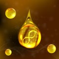 Oil drop essence. Gold shining pill with DNA helix. Coenzyme Q10 drop.