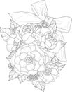 Realistic mix flower bouquet with rose, peony, small berrie and leafs with bow sketch template. Cartoon vector illustration in bla