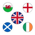 United Kingdom and Ireland Flag vector Icon set with Union Jack, Wales, Scotland, England flags in Europe.