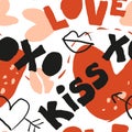 Seamless pattern with hand painted hearts, kisses and words; love, kiss, xoxo. Royalty Free Stock Photo