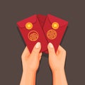 Hand holding angpao money on envelope, chinese new year celebrate concept in cartoon illustration vector