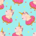 Cute bright sleeping rainbow unicorn creature in donut seamless pattern template.