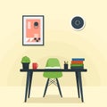 Study table situation with book, flower and a cup of coffee. Study desk interior illustration