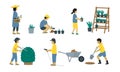 Family Cutting trees, planting flower in pot. Family Planting Set illustration.