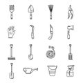 A set of gardening tools. Growing vegetables and fruits. Line art.