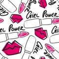 Seamless pattern with girl power inscription and doodle lips. Royalty Free Stock Photo