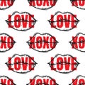 Seamless pattern with girl power inscription and doodle lips.Seamless pattern with doodle lips and red `love` and `xoxo` quote. Ha