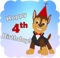 Happy 4th Birthday! Paw patrol Chase with red cap and suite. Royalty Free Stock Photo