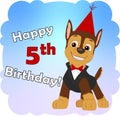 Happy 5th Birthday! Paw patrol Chase with red cap and suite. Royalty Free Stock Photo