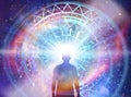 Man universe, meditation, healing, human body energy beams Royalty Free Stock Photo