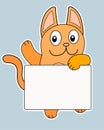 Ginger cute cat holding a sign with copy space for your text - vector full color sticker. Funny cat with a sign - a sticker for si