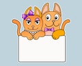 Ginger cats holding a sign with copy space for your text - vector full color sticker. A couple of funny cats with a sign - a stick