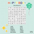 Happy Birthday word search puzzle. Educational game for kids. Crossword suitable for social media post.