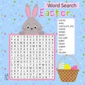 Easter word search puzzle with cute rabbit and basket. Educational game for kids. Holiday crossword.