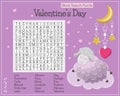 Valentine`s Day word search puzzle with cute sheep. Educational page for learning English. Crossword for kids.