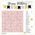 Happy Birthday word search puzzle. Educational game for kids. Crossword suitable for social media post.