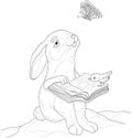 Cute cartoon bunny with book, small bird and butterfly template sketch