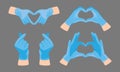 Vector hand drawn illustration of different heart shape signs of hands wearing blue medical latex gloves. Royalty Free Stock Photo