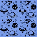 Space seamless vector pattern with rockets, flying saucers, asteroids, stars and saturn. Seamless background with spaceships and p