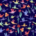 vector seamless pattern watercolor small multicolored birds with flowers. Royalty Free Stock Photo