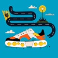 ÃÂ¡omposition of stylish sneakers in ugly-shoes style in orange, yellow, white tones on a blue background