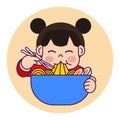 A girl is eating Ramen noodles. Asian food. Yummy food.