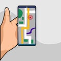 Hand holding phone with map and marker. Mobile gps navigation and tracking concept