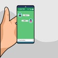 Hand hold phone chat icon concept. Man chatting with girl on smartphone. Hand holds mobile phone with messenger. Flat line vector Royalty Free Stock Photo