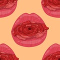 Realistic bright pink lips and red rose flower seamless pattern template. Colorful cartoon vector illustration Royalty Free Stock Photo
