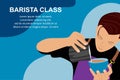 Barista courses. Barista making coffee, manual brew drip coffee and accessories. Vector flat illustration