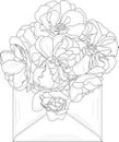 Realistic graphic peony flower bouquet in envelope sketch template. Cartoon vector illustration in black and white