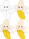 Cute colorful cartoon banana with simple face sketch template set. Graphic bright vector illustration in color and black and white Royalty Free Stock Photo
