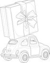 Retro Vintage Car With Present Box With Bow Realistic Sketch Template. Cartoon Graphic Vector Illustration In Black And White