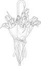 Realistic spring tulip flower bouquet in umbrella with bow sketch template. Season graphic vector illustration in black and white