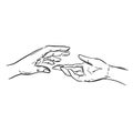 Sketch of two human hands reaching towards each other in close-up. Outline graphic elements. Monochrome concept for Valentine Day