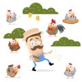 Cartoon illustration of a farmer feeding his chickens