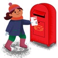 Little girl send mail to Santa, letter for Santa Claus, prepearing to meet new year. Flat vector cartoon illustration isolated on