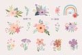 Floral stickers collection with decorative flowers arrangement and rainbow, boho design