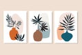 Botanical abstract wall art collection with summer lives in vases, line art vector illustration, modern minimalist contemporary de