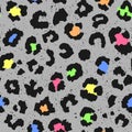 Leopard vector seamless pattern. Animal skin texture in retro 1980 - 1990`s fashion style, trendy neon colors.