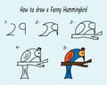 Step by step to draw a Hummingbird. Drawing lesson for children. Vector illustration. Royalty Free Stock Photo
