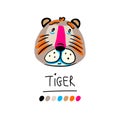 Cute illustration with cartoon character. Kindly tiger face isolated on white background. Doodle style. Design element