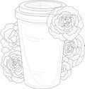 Realistic cup of coffee or tea with roses sketch template. Cartoon vector illustration in black and white