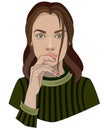 A lovely green-eyed girl in a green sweater touches her lips with her hand - vector full color illustration. Portrait of a beautif Royalty Free Stock Photo