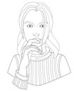 Lovely young girl in a sweater touches her lips with her hand - vector linear illustration for coloring. Portrait of a beautiful g